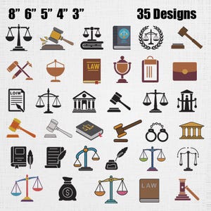 May include: A collection of 35 law-themed designs, including scales of justice, gavels, books, and legal documents. The designs are in various colors and styles, with measurements from 3 to 8 inches.
