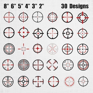 Puede incluir: Una colección de 30 diseños de mira diferentes en negro y rojo, con tamaños que van de 5 cm a 20 cm. Cada diseño presenta un patrón de retícula único.