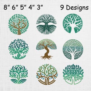 Puede incluir: Nueve diseños de árboles en marcos circulares, que varían de 7,6 cm a 20,3 cm de diámetro. Los árboles presentan detalles intrincados en tonos verdes y marrones, con el texto "9 Designs" y etiquetas de tamaño.