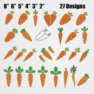 Könnte beinhalten: Eine Sammlung von 27 Karotten-Designs in verschiedenen Formen und Größen, darunter orangefarbene Karotten mit grünem Kraut und eine weiß umrandete Karotte. Der Text 8" 6" 5" 4" 3" 2" und 27 Designs steht oben in schwarzer Schrift.