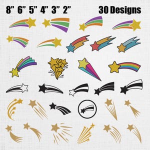 Puede incluir: Una colección de 30 diseños de estrellas, cada uno con un efecto de estrella fugaz. Las estrellas varían en color, incluyendo dorado, negro y arcoíris. La imagen también incluye medidas de 5 a 20 cm.