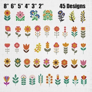 Könnte beinhalten: Eine Sammlung von 45 floralen und botanischen Grafikdesigns, die in Reihen angeordnet sind. Das Set enthält verschiedene stilisierte Blumen, Blätter und Stängel in Orange, Pink, Gelb, Blau und Grün. Der Text oben lautet 8" 6" 5" 4" 3" 2" und 45 Designs.