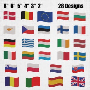 Pode incluir: Uma coleção digital de 28 designs de bandeiras onduladas representando várias nações europeias e a União Europeia. A imagem exibe o texto 8" 6" 5" 4" 3" 2" e 28 Designs. Cada bandeira apresenta as suas cores e símbolos nacionais distintos.