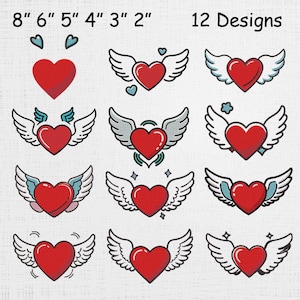May include: A collection of 12 heart designs, each with a unique wing and accent combination. The hearts are red, with wings in white, blue, and gray. Sizes range from 2 to 8 inches. The designs are displayed on a white background.