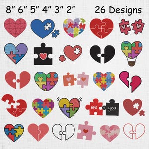 May include: A collection of 26 heart-shaped designs, each featuring a puzzle piece theme. The hearts vary in color and style, with some including the text "me + you". Sizes range from 2 to 8 inches.