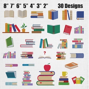 Op de afbeelding: Een verzameling van 30 digitale illustraties met diverse boeken in stapels, open en gesloten posities, met maten aangeduid als 8", 7", 6", 5", 4", 3" en 2". De afbeeldingen bevatten kleurrijke boekruggen, een rode appel en een gele mok op een witte achtergrond.