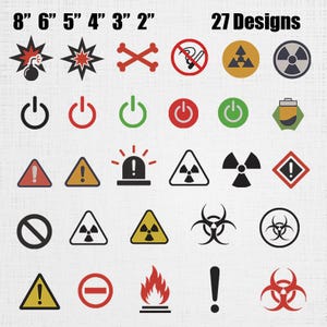 Könnte beinhalten: Eine Sammlung von 27 grafischen Symbolen für Gefahren, Warnungen und Strom in verschiedenen Farben. Der Text 8" 6" 5" 4" 3" 2" und 27 Designs ist oben sichtbar. Die Symbole umfassen Strahlung, Biogefahr, Feuer und Ein-Aus-Schalter.