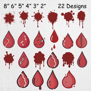 May include: A collection of 22 red blood drop designs in various shapes and sizes, with measurements from 2 to 8 inches. The designs include splatters, drips, and stylized teardrops, perfect for Halloween or horror-themed projects.