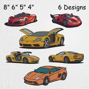 Puede incluir: Seis diseños de coches bordados en rojo, amarillo y naranja. Los diseños incluyen coches deportivos con puertas abiertas y varios estilos. El texto "8" 6" 5" 4"" y "6 Designs" está en la parte superior.