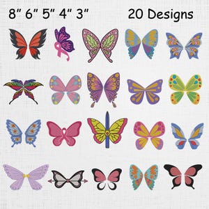 May include: A collection of 20 butterfly designs in various colors and styles. The designs range in size from 3 to 8 inches. The image includes text that reads "20 Designs" and measurements in inches.