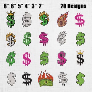 Può includere: Una collezione di 20 design del simbolo del dollaro in vari colori e stili. I design includono simboli del dollaro con corone, fiamme ed effetti gocciolanti. Dimensioni da 5 a 20 cm.