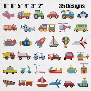 Può includere: Una collezione di 35 disegni colorati di mezzi di trasporto, tra cui aerei, auto, camion e barche. I disegni sono di varie dimensioni, il più grande misura 20 cm. L'immagine include il testo "35 Designs".