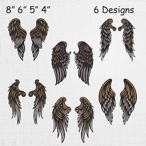 May include: Six embroidered wing designs in various styles and sizes. The wings are in shades of brown and black, with the largest wings measuring 8 inches in length. The image also includes the text "6 Designs".