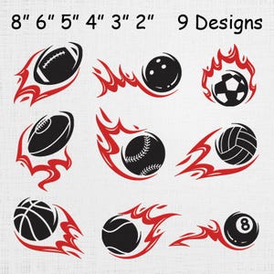 Puede incluir: Nueve diseños deportivos con bolas negras y detalles de llamas rojas. La imagen incluye un balón de fútbol americano, una bola de bolos, un balón de fútbol, una pelota de béisbol, un balón de voleibol, un balón de baloncesto, una pelota de tenis y una bola ocho. El texto dice "8" 6" 5" 4" 3" 2" 9 Designs."