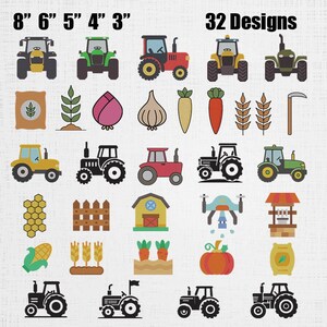 May include: A collection of 32 farm-themed digital designs featuring tractors, vegetables, crops, and agricultural structures. The text 8" 6" 5" 4" 3" and 32 Designs is visible at the top. The icons include various tractors, a barn, a well, and produce.