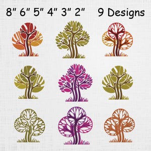Può includere: Nove disegni di alberi in vari colori, tra cui rosso, verde e viola. Gli alberi variano in dimensioni da 5 cm a 20 cm. L'immagine include il testo "9 Designs".