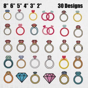 Könnte beinhalten: Eine Sammlung von 30 Ringdesigns, jedes mit einem anderen Edelstein oder herzförmigen Akzent. Die Ringe sind in verschiedenen Farben erhältlich, darunter Gold, Rot, Rosa, Blau und Grün. Das Bild enthält den Text "8" 6" 5" 4" 3" 2"" und "30 Designs."