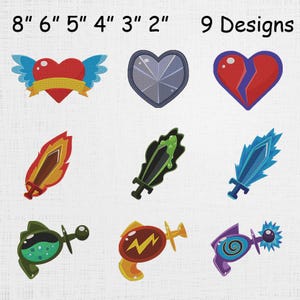 May include: Nine embroidered designs, including a heart with wings, a shield-shaped heart, a broken heart, a flaming sword, a green-dripping sword, a blue ice sword, and three futuristic weapon designs. The text "8" 6" 5" 4" 3" 2" 9 Designs" is at the top.