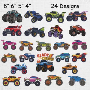 Modern Monster Truck Embroidery Bundle - Thunder Monster Truck Machine Embroidery - Off Road Jeeps Stitch Pattern - 24 Designs 4 Sizes