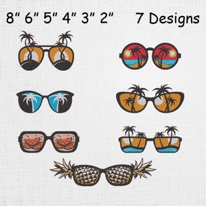 May include: Embroidered sunglasses designs in various styles, including round and rectangular frames. The image shows seven different designs, with sizes ranging from 2 to 8 inches. The designs feature tropical themes, such as palm trees, sunsets, and watermelon slices.