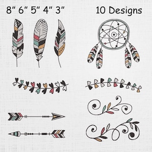 May include: A collection of 10 designs featuring feathers, a dreamcatcher, arrows, and floral elements. The designs include various sizes, with the largest feather measuring 8 inches in length. The designs are in a variety of colors, including black, white, red, and yellow.