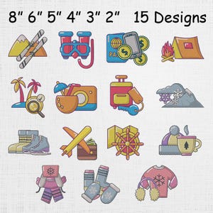 May include: A collection of 15 travel-themed designs, including a passport, money, a tent, skis, binoculars, a camera, a suitcase, a mountain, ice skates, a plane, a map, a hat, a mug, a hat, mittens, socks, and a sweater. The text "8" 6" 5" 4" 3" 2" 15 Designs" is at the top.