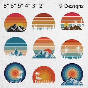 May include: Nine embroidered patches featuring sunset designs with mountains, trees, and palm trees. The patches are in a circular shape, with sizes ranging from 2 to 8 inches. The color palette includes shades of orange, yellow, blue, and brown.