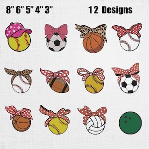 Bow Ball Embroidery Set - Sports Bow Ball Embroidery Pattern - Cute Sports Ball Machine File - 12 Designs 5 Sizes