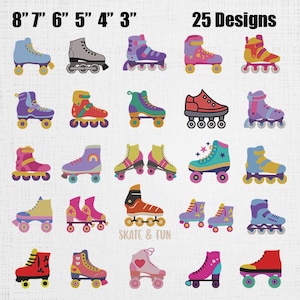 May include: A collection of 25 colorful roller skate and inline skate illustrations in various styles, including quad skates and inline blades. The image features text reading 8" 7" 6" 5" 4" 3" 25 Designs and SKATE & FUN in a light font.