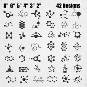 May include: A collection of 42 black graphic designs featuring various molecular and chemical structure patterns. The text 8" 6" 5" 4" 3" 2" and 42 Designs is printed at the top. Each icon displays a unique arrangement of dots and lines.