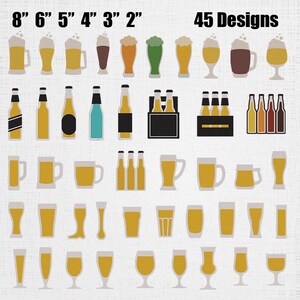 May include: A collection of 45 beer-themed graphic designs featuring various beer mugs, pint glasses, and bottles in yellow, brown, and green tones. The text 8" 6" 5" 4" 3" 2" and 45 Designs is displayed at the top of the digital illustration.
