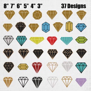 Peut inclure: Une collection de 37 motifs de diamants de différentes couleurs et styles. L'image comprend le texte "8" 7" 6" 5" 4" 3"" et "37 Designs". Les diamants varient en taille et en couleur, notamment or, noir, bleu et rouge.