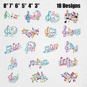 May include: A collection of 18 colorful music note and treble clef embroidery designs arranged in a grid. The text 8" 7" 6" 5" 4" 3" and 18 Designs is displayed at the top. Each graphic features various musical symbols in vibrant hues.