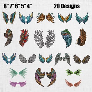 Puede incluir: Una colección de 20 diseños de alas bordadas en varios colores, incluyendo azul, verde, dorado y rojo. Los tamaños varían de 10 a 20 cm. El texto "20 Designs" se muestra en la parte superior de la imagen.