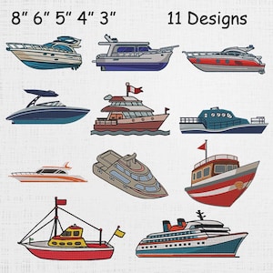 May include: An image featuring eleven different boat designs. The boats vary in style and color, including yachts, speedboats, and a cruise ship. The image also includes the text "8" 6" 5" 4" 3"" and "11 Designs".