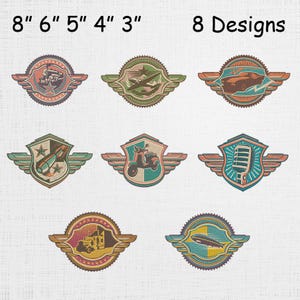 May include: Eight embroidered designs featuring vintage transportation and communication themes. Each design is within a shield shape with wing accents. Designs include a train, airplane, car, bomb, scooter, microphone, semi-truck, and zeppelin. The designs are approximately 3 to 8 inches in size.