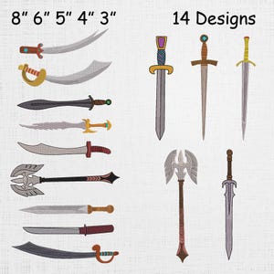 May include: An image showcasing 14 designs of various swords and blades. The image includes swords of different sizes, with the largest measuring 8 inches and the smallest 3 inches. The text "14 Designs" is displayed at the top right.