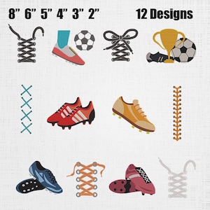 Könnte beinhalten: Eine Sammlung von 12 Stickmustern mit Fußballmotiven, darunter verschiedene Fußballschuhe, ein goldener Pokal, ein Fußball und mehrere Schnürsenkelmuster. Der Text 8" 6" 5" 4" 3" 2" und 12 Designs ist oben im Bild zu sehen.