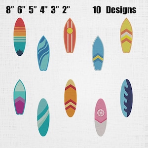 May include: Ten surfboard embroidery designs in various colors and patterns, including stripes, chevrons, and waves. The text 8" 6" 5" 4" 3" 2" and 10 Designs is visible at the top, indicating available sizes in inches for these digital machine embroidery files.