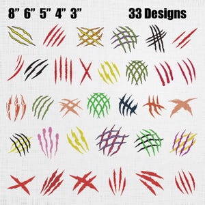May include: A collection of 33 claw mark designs in various colors, including yellow, red, black, and green. The sizes range from 3 to 8 inches. The text "33 Designs" is displayed at the top of the image.