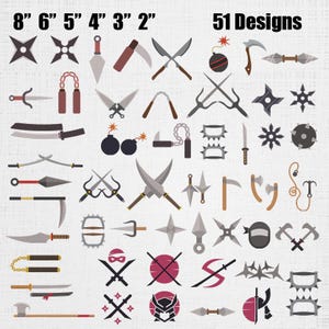 Pacchetto di disegni per ricamo di armi ninja - Ricamo a macchina di elementi di armi ninja - Motivo equipaggiamento da battaglia shuriken - 51 disegni 6 misure