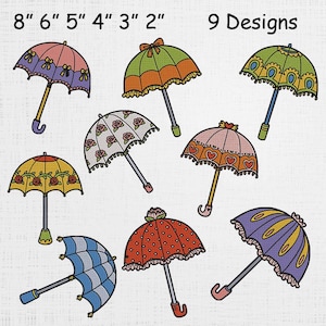 May include: Nine decorative umbrella designs, each with unique patterns and colors. The umbrellas range in size from 2 to 8 inches. The image includes text that reads "9 Designs".