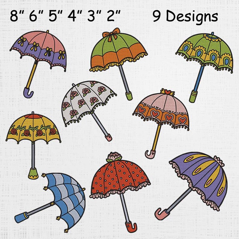 May include: Nine decorative umbrella designs, each with unique patterns and colors. The umbrellas range in size from 2 to 8 inches. The image includes text that reads "9 Designs".