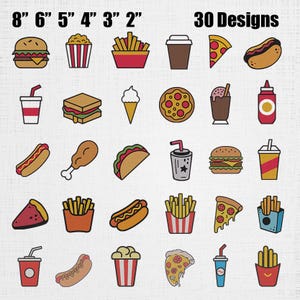 Puede incluir: Una colección de 30 iconos coloridos de comida rápida dispuestos en una cuadrícula, incluyendo hamburguesas, patatas fritas, porciones de pizza, perritos calientes y bebidas. El texto 8" 6" 5" 4" 3" 2" y 30 Designs indica tamaños y cantidad.