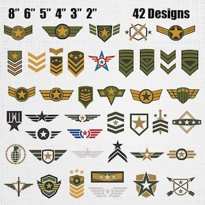 May include: A collection of 42 military-style embroidered patch designs in various shapes including shields, wings, and chevrons. The graphics feature stars, swords, and grenades in olive green, tan, black, and red. Text reads 8" 6" 5" 4" 3" 2" 42 Designs.