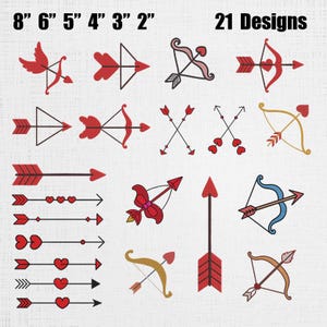 Puede incluir: Una colección de 21 diseños con flechas y arcos en varios estilos. Los diseños incluyen flechas con plumas en forma de corazón, arcos con flechas y elementos temáticos de Cupido. El texto "8" 6" 5" 4" 3" 2"" y "21 Designs" es visible.