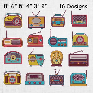 May include: A collection of 16 retro radio designs in various colors, with sizes ranging from 2 to 8 inches. Each design features a unique style, including different shapes, antennas, and dial details. The text "16 Designs" is displayed at the top.