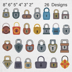 Door Lock Embroidery Set -  Paddle Lock Stitch Pattern - Heart Lock Machine Embroidery - 26 Designs 6 Sizes