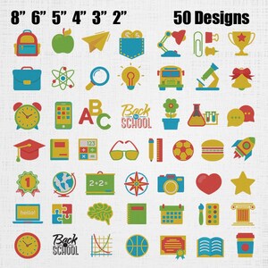 Pode incluir: Uma coleção de 50 ícones e gráficos coloridos com tema escolar, incluindo uma mochila, maçã, avião de papel, microscópio e relógio. A imagem apresenta as etiquetas de texto 8", 6", 5", 4", 3", 2" e 50 Designs.