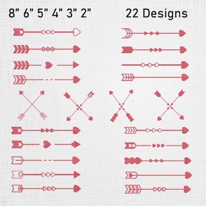 Puede incluir: Una colección de 22 diseños de flechas rojas, que miden entre 5 y 20 cm de largo, sobre un fondo blanco. Los diseños incluyen flechas con corazones, flechas cruzadas y elementos decorativos. El texto "22 Designs" es visible.